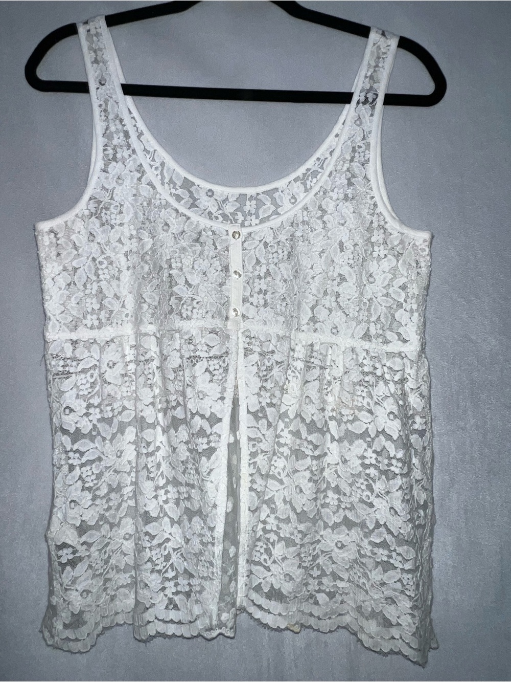 Women’s Medium White Lace Tank Top - Sheer Floral Button-Front PTP 20”